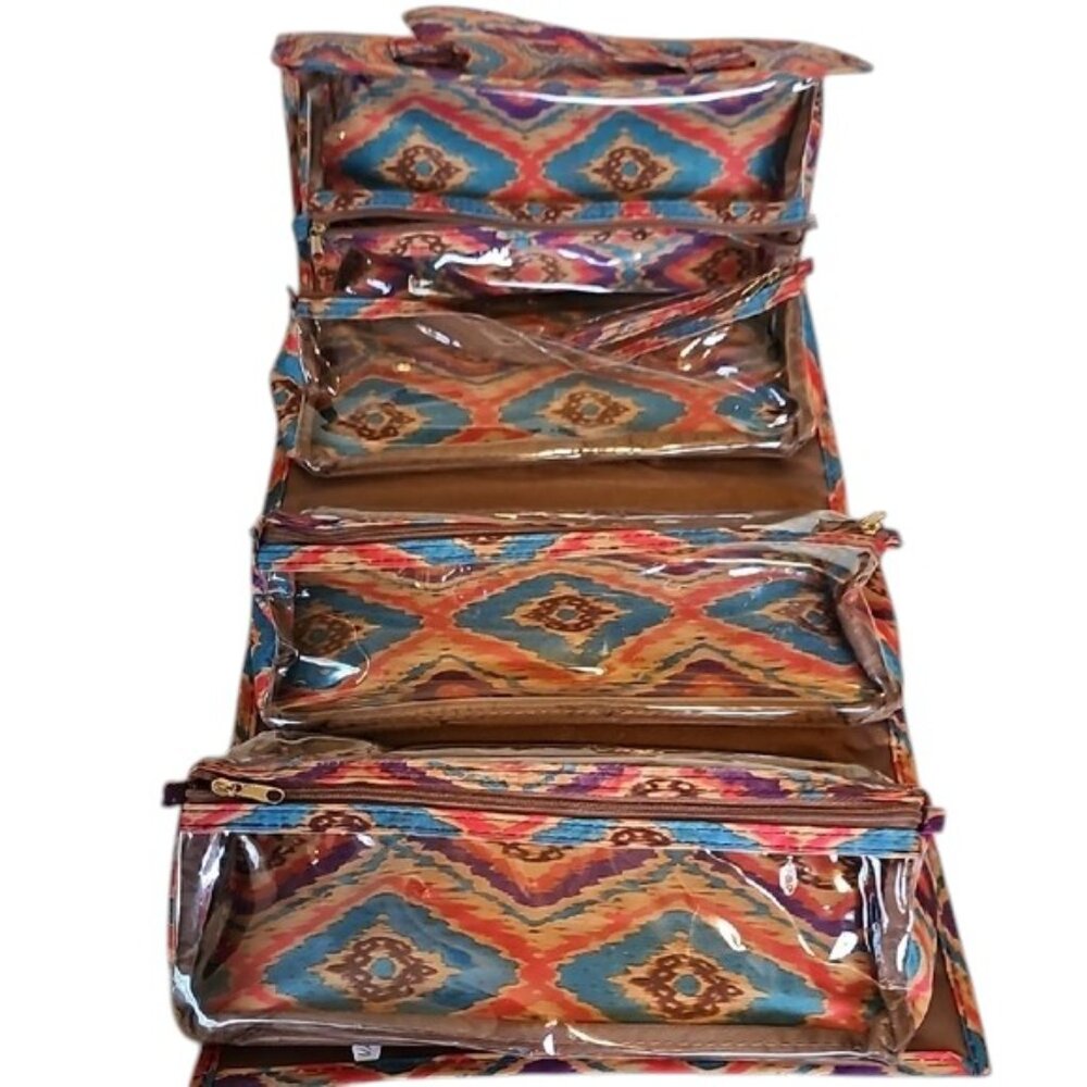 JM New York Aztek Pattern Roll Up Travel Toiletry Bag 4  removable compartments
